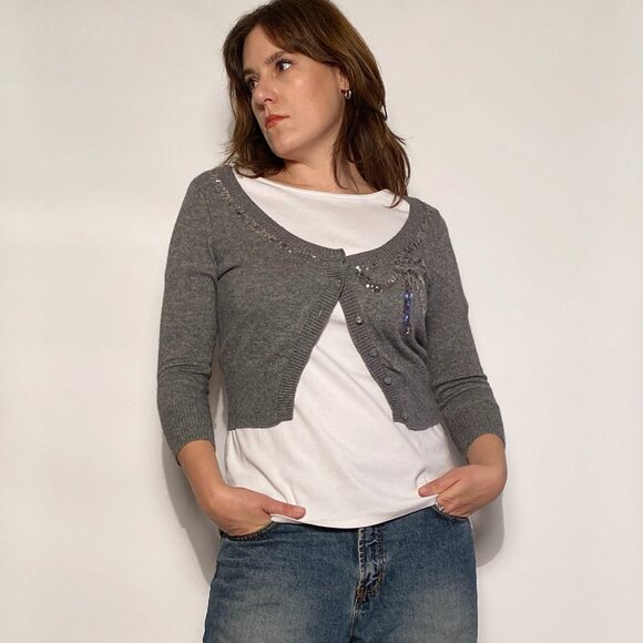 Vintage Y2K Forever 21 Grey Cropped Angora Shrug Cardigan w Sequin Bow! Medium - Picture 7 of 11